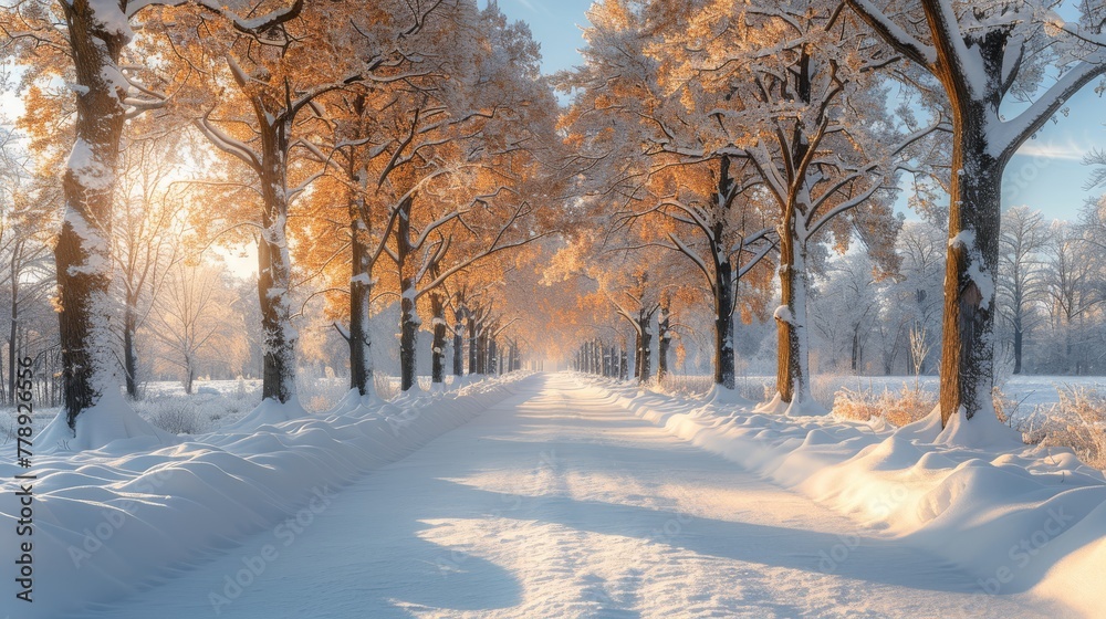 Sun illuminates tree-lined park path amidst snowfall Sun illuminates tree-lined park path amidst snowfall