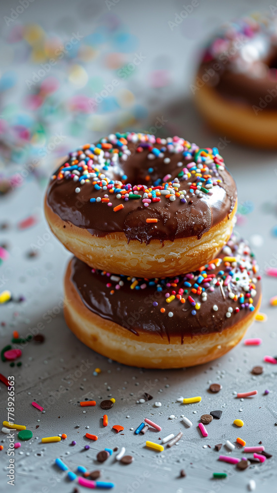 Chocolate Donuts On a white table with colorful paper scattered all over the picture Chocolate Donuts On a white table with colorful paper scattered all over the picture
