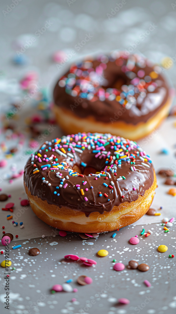 Chocolate Donuts On a white table with colorful paper scattered all over the picture Chocolate Donuts On a white table with colorful paper scattered all over the picture