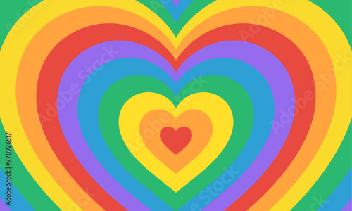 Groovy Y2K background. Tunnel of Concentric hearts in rainbow progress flag colors. Vector illustration 