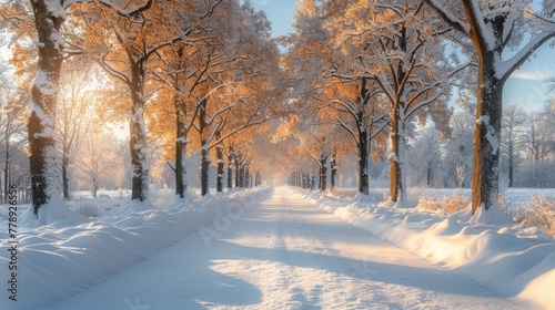  Sun illuminates tree-lined park path amidst snowfall