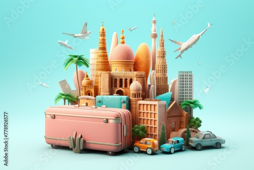 Cartoon suitcase with landmarks for travel concept
