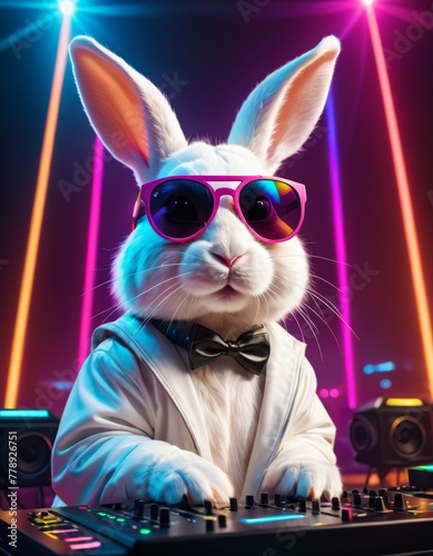 A charismatic white rabbit in sunglasses plays DJ at a vibrant neon-lit party, exuding coolness and fun in an imaginative setting