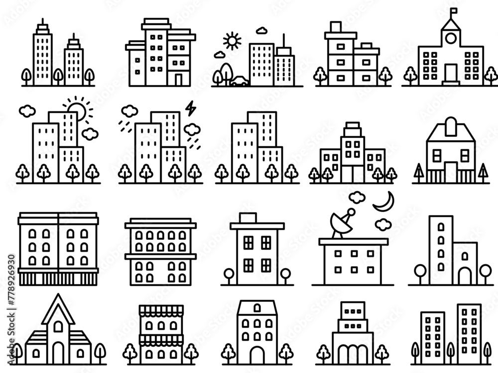Simple urban buildings line icon collection