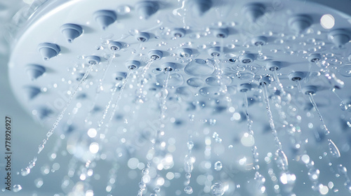 White optic patterns on a watersaving showerhead, closeup, droplets in flight
