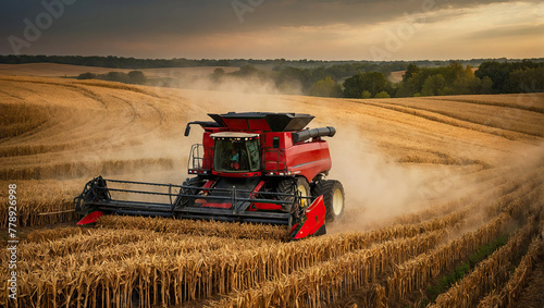 A combine harvester in the field harvests wheat. Harvest festival  autumn field cleaning  grain crops