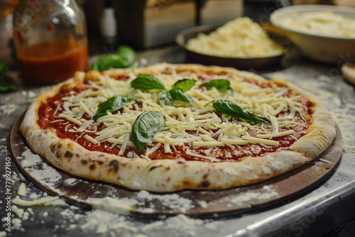 A pizza with cheese and basil on top. The pizza is sitting on a wooden board. The pizza is ready to be cooked