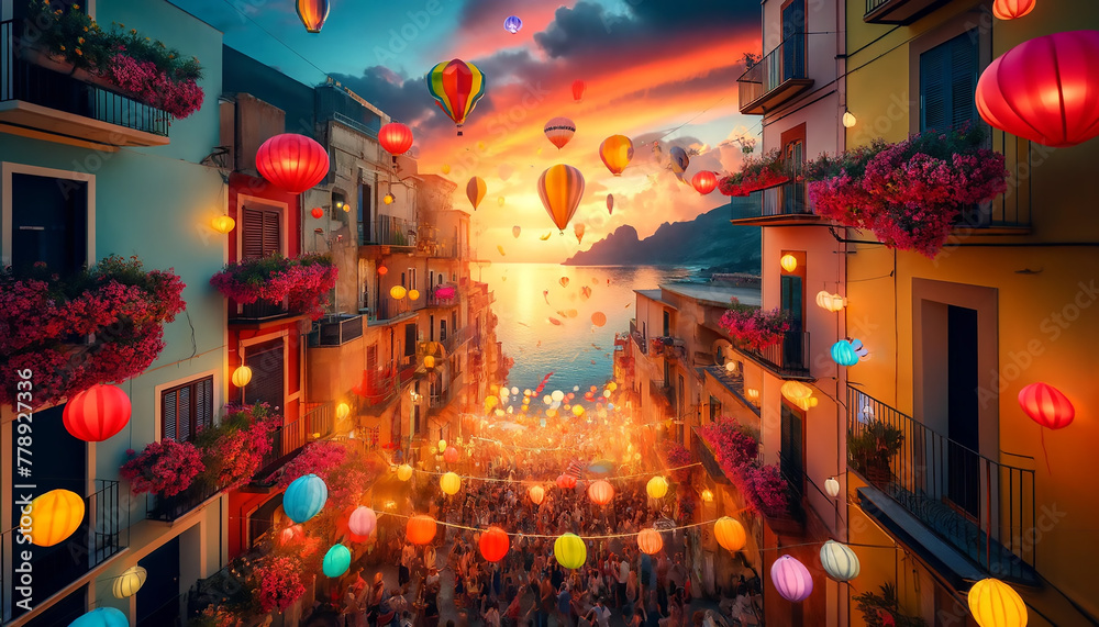 Summer festival vibes with colorful balloons and lanterns in a coastal town at sunset