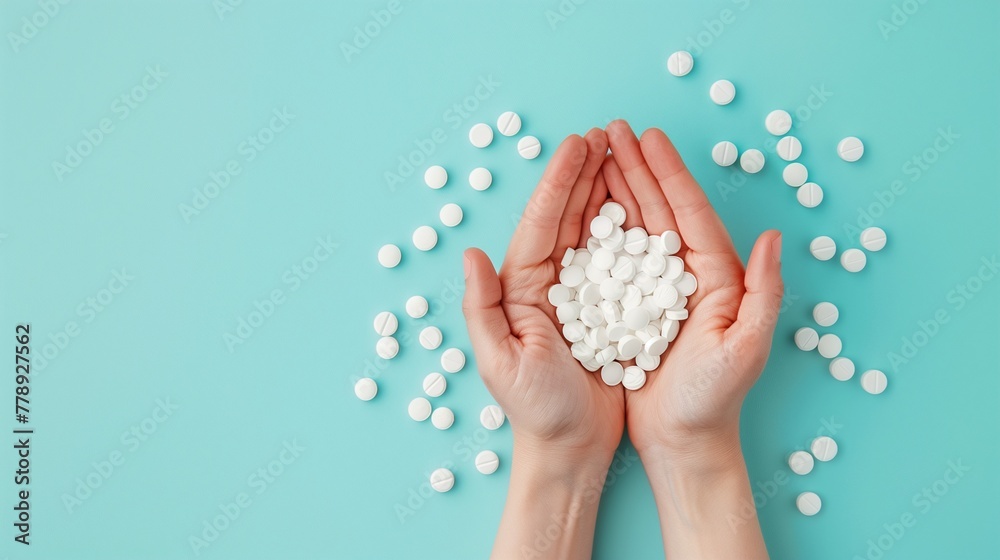 Banner with female hands holding white pills on a blue background top view. Horizontal photo medicine concept with copy space. Banner with female hands holding white pills on a blue background top view. Horizontal photo medicine concept with copy space.