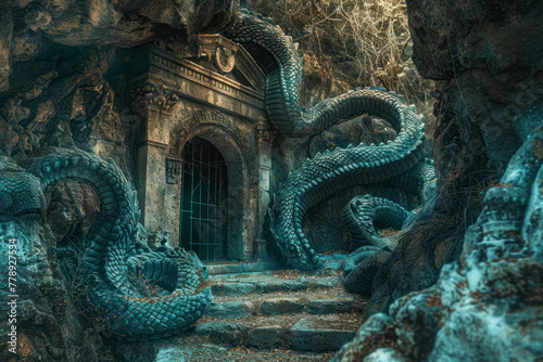 Ancient Hydra guards entrance to forbidden labyrinth.