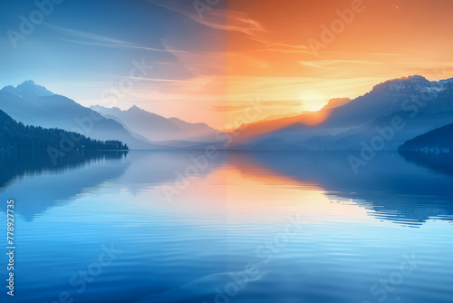 Tranquil Sunrise and Sunset over Mountain Lake Panorama