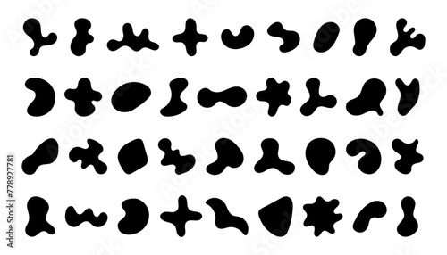 Abstract shapes, organic blobs and blotch of irregular shape. Big Inkblot silhouettes set, black simple liquid element.  Flat vector illustration 