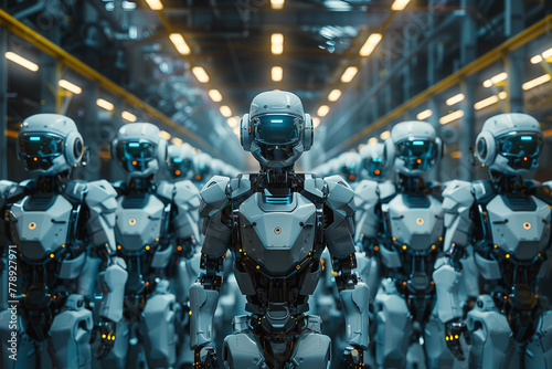 Robotics team group photo in factory, digital art style, eye-level angle, industrial ambiance, sharp focus