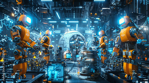 Robots and engineers posing in high-tech factory, group shot, vibrant digital effects, dynamic composition photo