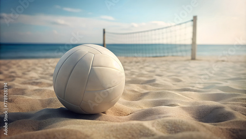 Volleyball Ball on Sandy Beach with Volleyball Net in Background