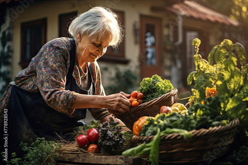 An elderly woman with a harvest of vegetables and fruits in a basket from your garden in the courtyard of his house. Eco-friendly vegetable garden, self-cultivation of vegetables, hobby.  © Ольга Симонова