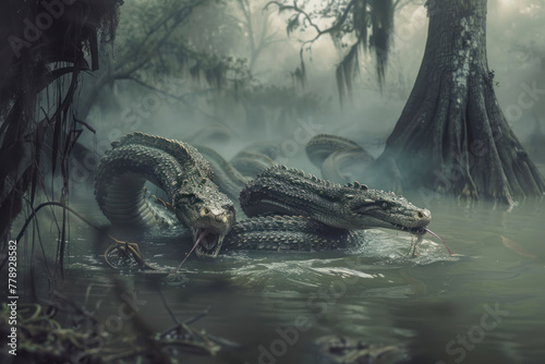 Monstrous Hydra slithers through murky swamp, heads raised. photo
