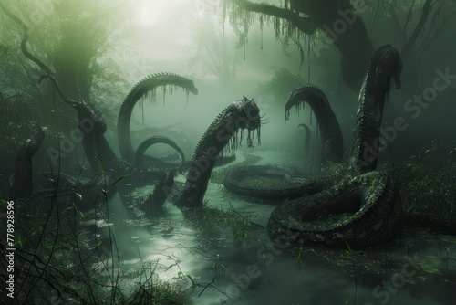 Monstrous Hydra slithers through murky swamp, heads raised.