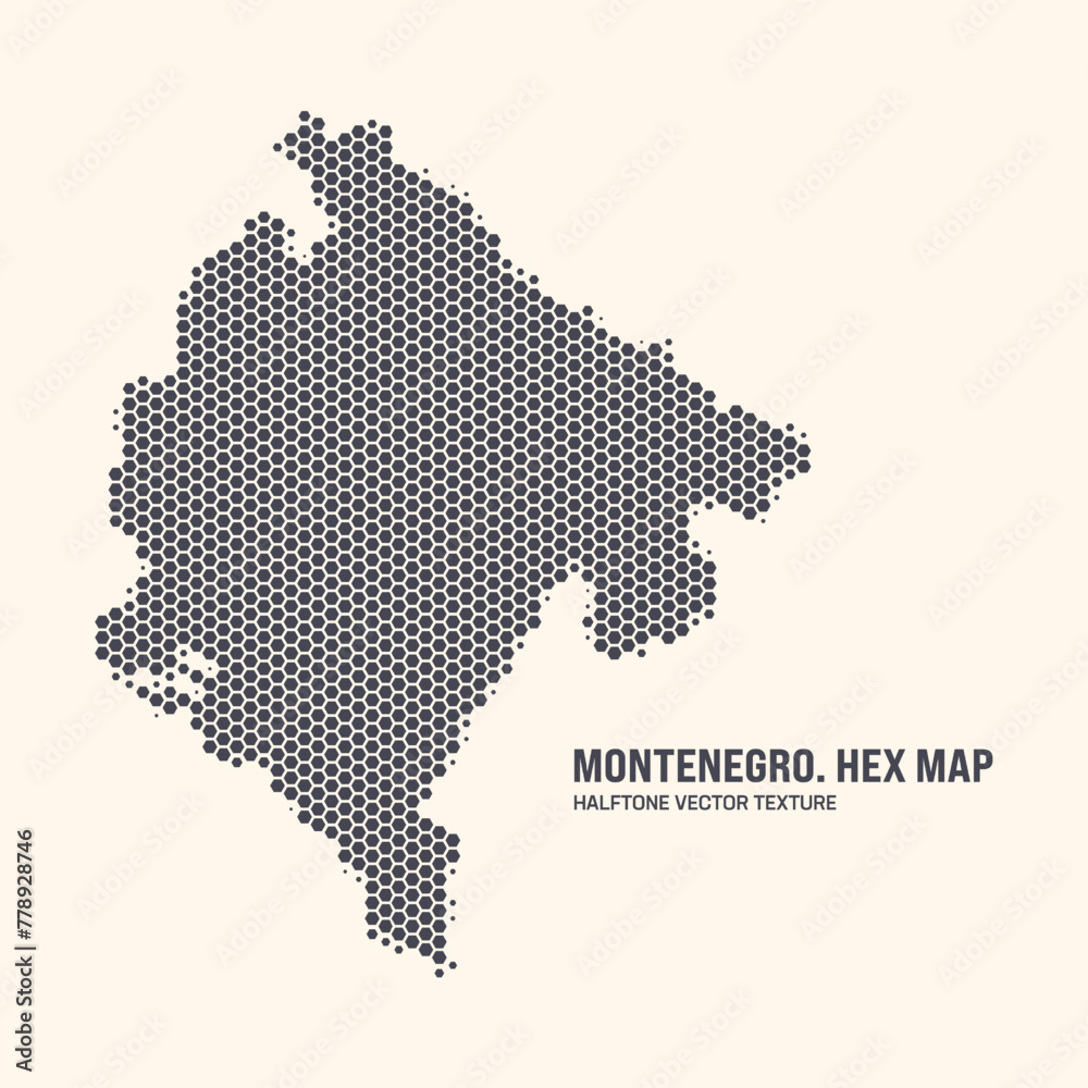 Montenegro Map Vector Hexagonal Halftone Pattern Isolate On Light Background. Hex Texture in the Form of a Map of Montenegro. Modern Tech Contour Map of Montenegro for Design or Business Projects