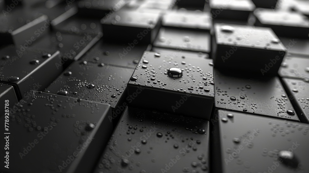  Black-and-white photo of raindrops on array of black-and-white squares and rectangles