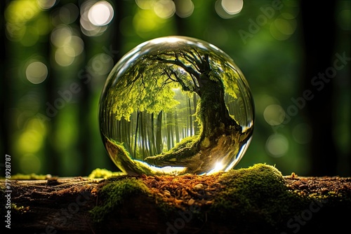 A glass sphere of pure dew drops in a forest on earth is a ball with an internal microclimate, a clean environment, protecting the ecology of the planet. AI generated
