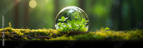 A young green sprout In a glass sphere, a dewdrop plants in the ground close-up. 
