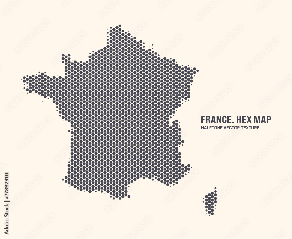 France Map Vector Hexagonal Halftone Pattern Isolate On Light Background. Hex Texture in the Form of a Map of France. Modern Technological Contour Map of France for Design or Business Projects
