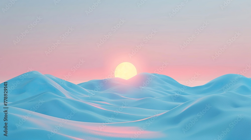 3D render clay style depiction of a pastel sunrise over a minimalist landscape, evoking a sense of new beginnings
