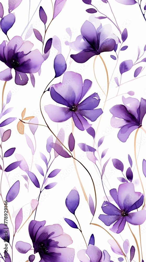 Purple flower petals and leaves on white background seamless watercolor pattern spring floral backdrop 