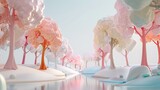 3D render clay style whimsical forest with pastelcolored trees and a clear sky, creating a serene abstract background, HD, 4K