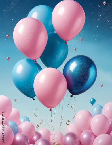 A mesmerizing cluster of blue and pink balloons soar into a surreal sky  sprinkled with tiny hearts  creating a dreamlike festive atmosphere