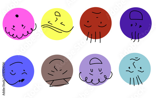 Abstract feeling faces. Round abstract faces with various Emotions. Different colorful characters. Vector illustration. Every face is isolated.