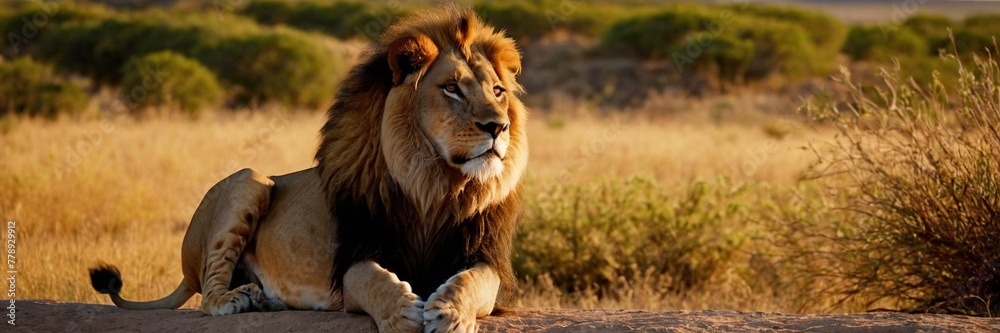 Big lion lying on savannah grass. Landscape with characteristic trees on the plain and hills in the background.with Generative AI technology	