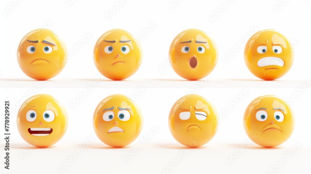 Animated 3D render showing round yellow faces with different emotions on white backgrounds. Hypnosis sleepy sad crazy Animated 3D render showing round yellow faces with different emotions on white backgrounds. Hypnosis sleepy sad crazy