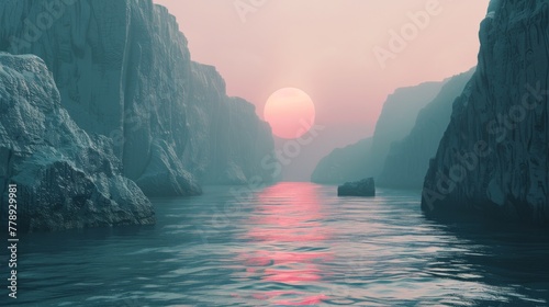 The scene on the right is a futuristic 3D render with cliffs and water with a minimalist abstract background on the left. The wallpaper on the right is a spiritual zen wallpaper with sunsets or