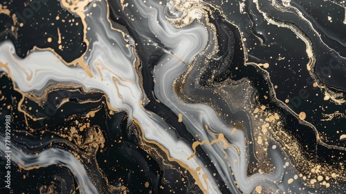 Black marble with white veins and golden veins, artificial stone texture, luxurious abstract background © Mark