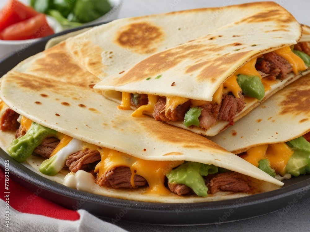 Obraz premium A mouthwatering display of quesadillas sizzling on a hot griddle, oozing with melted cheese and filled with savory meats like shredded chicken