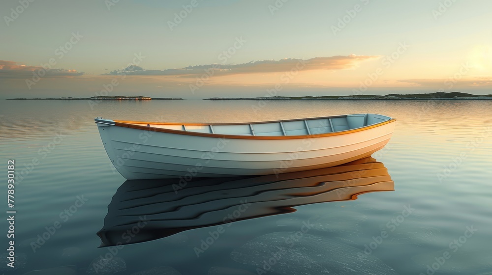   A white boat floats on water with a sunset and clouds