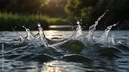 A Dynamic Capture of Water Droplets in Motion Against a Serene Lake Backdrop