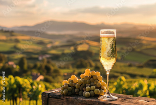 A glass of white wine with grapes with vineyard landscape.