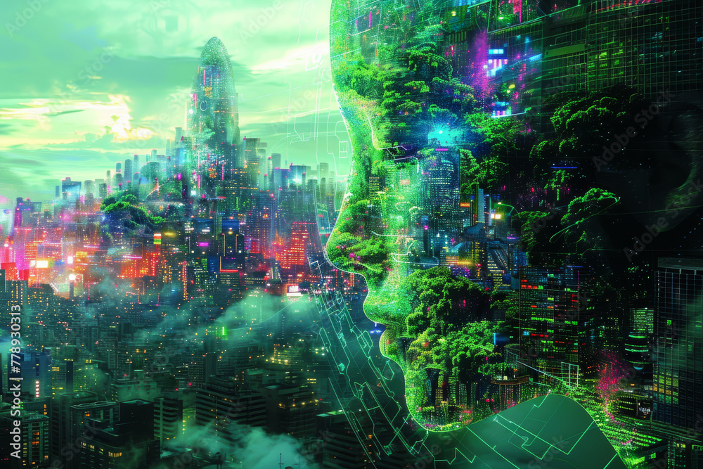 Fototapeta premium Futuristic Urban Landscape with Cyberpunk Aesthetic