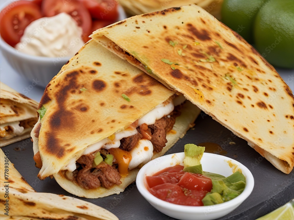 A mouthwatering display of quesadillas sizzling on a hot griddle A mouthwatering display of quesadillas sizzling on a hot griddle