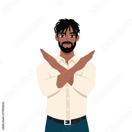 Angry black man standing with the crossed arms, no sign. Refuse gesture. Flat vector illustration isolated on white background
