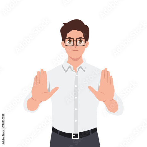 Young man show no hand gesture. Serious male demonstrate stop sign. Flat vector illustration isolated on white background