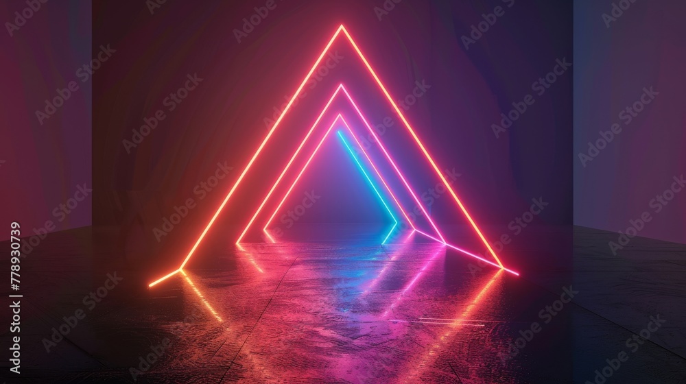 An abstract geometric line with neon lights glowing over a black background in a 3D render An abstract geometric line with neon lights glowing over a black background in a 3D render