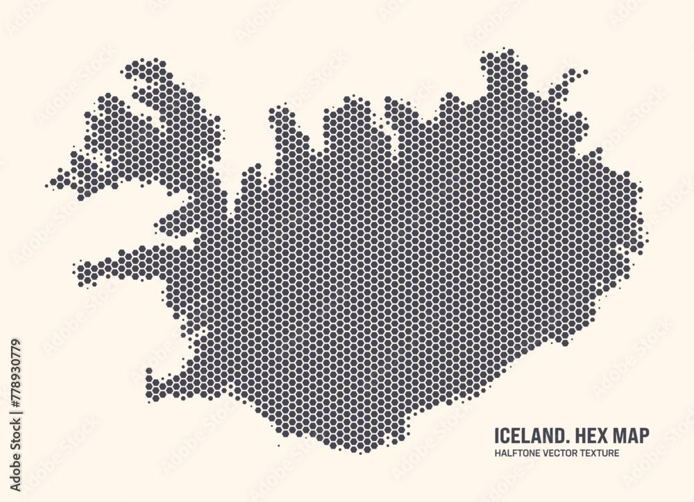 Iceland Map Vector Hexagonal Halftone Pattern Isolate On Light Background. Hex Texture in the Form of a Map of Iceland. Modern Technological Contour Map of Iceland for Design or Business Projects