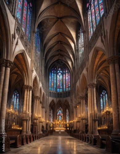The majestic interior of a gothic cathedral, showcasing intricate architectural details with stained glass windows illuminating the grand aisle.
