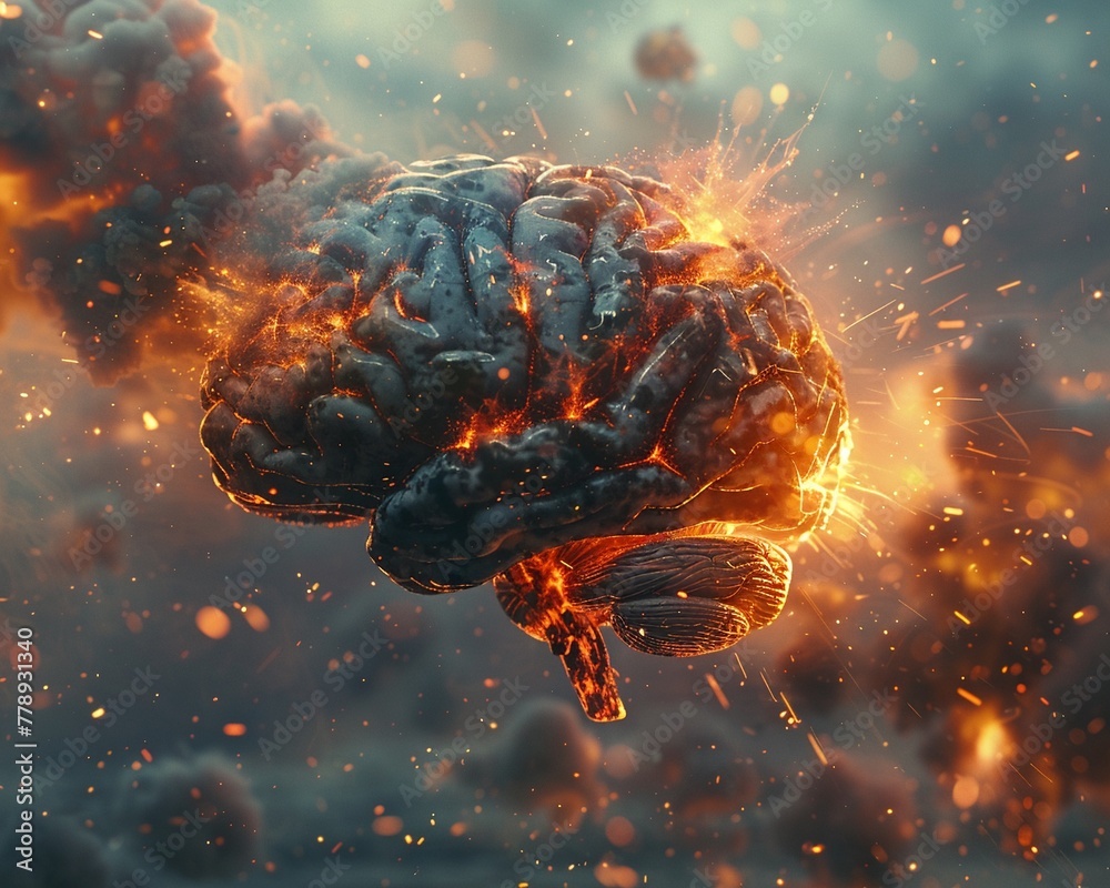 A surreal depiction of a brain exploding like a supernova, releasing a torrent of knowledge and creativity into the universe ,3DCG,clean sharp focus - obrazy, fototapety, plakaty 