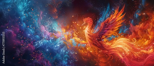 A scene of vibrant colors and swirling patterns, capturing the essence of a fiery phoenix rising from the ashes ,3DCG,clean sharp focus photo