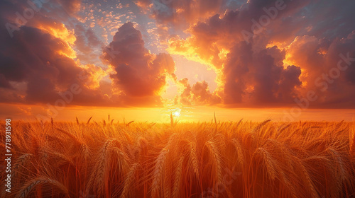 Sunset in a field of golden wheat at golden hour